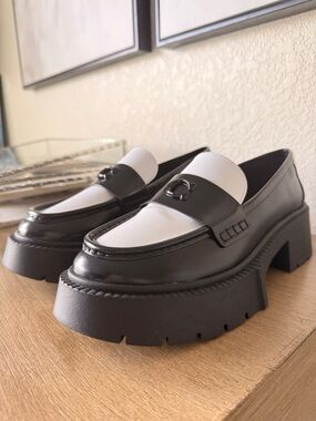 Coach Women's Leah Platform Loafers in black and white leather